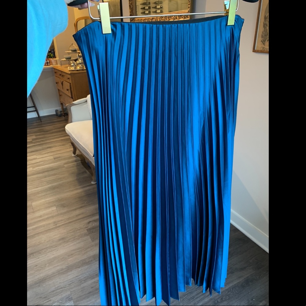 Zara, pleated, teal, tea length skirt, business casual, office attire, L
